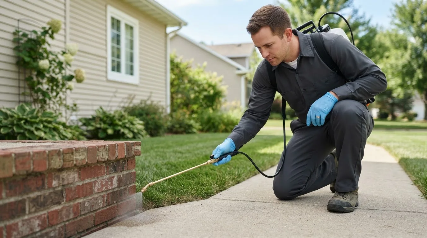 Pest control technician treating a home near Durand, IL